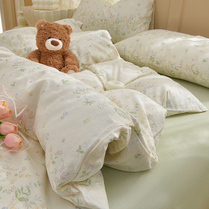 91家纺网 家纺一手货源 找家纺 乐窝家纺仓储 2025新款A类母婴级有氧全棉纯棉双层纱纯棉印花四件套 绿姿