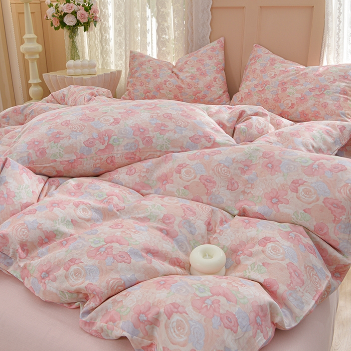 91家纺网 家纺一手货源 找家纺 乐窝家纺仓储 2025新款A类母婴级有氧全棉纯棉双层纱纯棉印花四件套 颜花朝