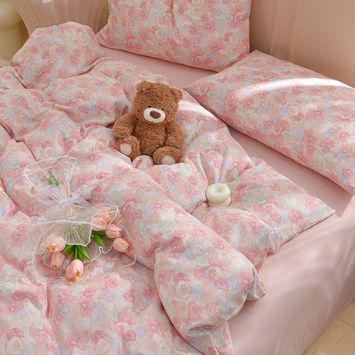 91家纺网 家纺一手货源 找家纺 乐窝家纺仓储 2025新款A类母婴级有氧全棉纯棉双层纱纯棉印花四件套 颜花朝