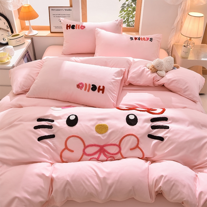 91家纺网 家纺一手货源 找家纺 乐窝家纺仓储 2025新款云朵棉毛巾绣磨毛四件套 KT猫