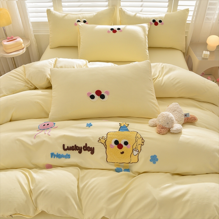 91家纺网 家纺一手货源 找家纺 乐窝家纺仓储 2025新款云朵棉毛巾绣磨毛四件套 海绵宝宝