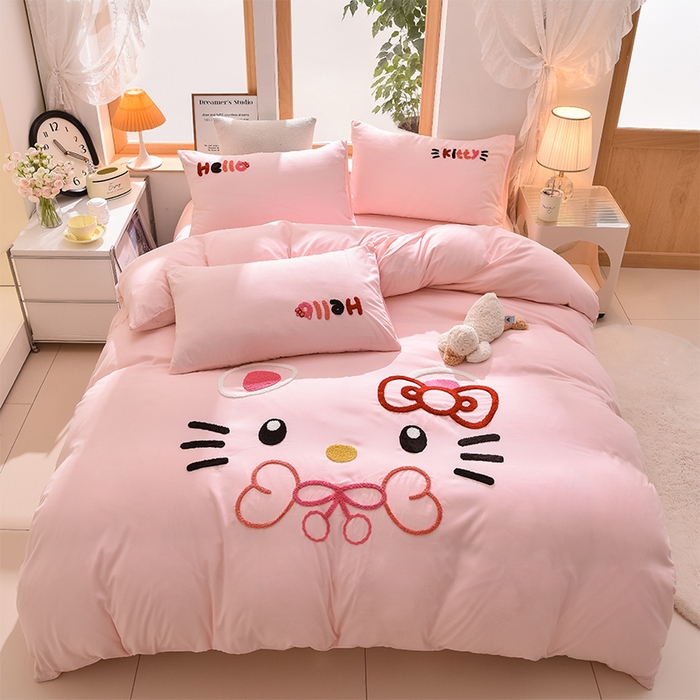 91家纺网 家纺一手货源 找家纺 乐窝家纺仓储 2025新款云朵棉毛巾绣磨毛四件套 KT猫