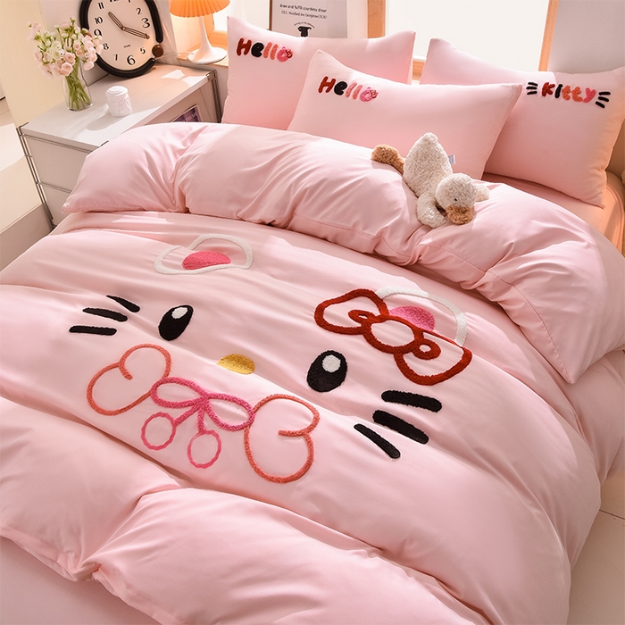 91家纺网 家纺一手货源 找家纺 乐窝家纺仓储 2025新款云朵棉毛巾绣磨毛四件套 KT猫