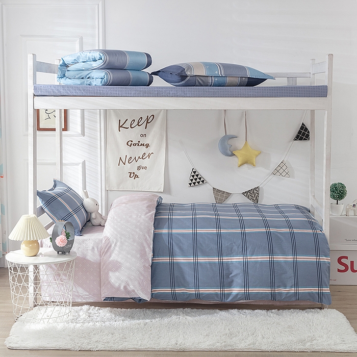 91家纺网 家纺一手货源 找家纺  提供买家秀爆款花型不断货）2025新款全棉AB版13372学生宿舍印花三件套双面纯棉床单款上下铺单人 卡特-蓝