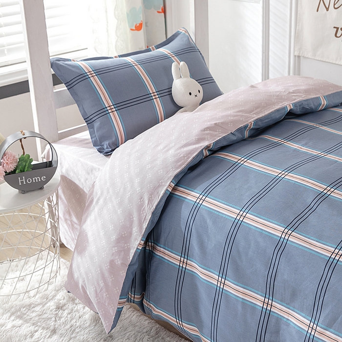 91家纺网 家纺一手货源 找家纺  提供买家秀爆款花型不断货）2025新款全棉AB版13372学生宿舍印花三件套双面纯棉床单款上下铺单人 卡特-蓝