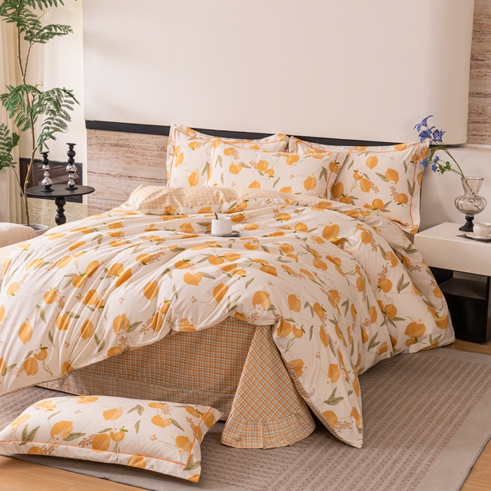 91家纺网 家纺一手货源 找家纺 巧格家纺 2025爆款超柔云朵棉双层纱四件套不起球不掉色床裙款 杨枝甘露-黄