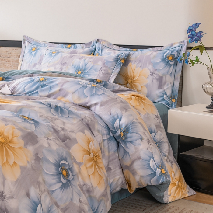 91家纺网 家纺一手货源 找家纺 巧格家纺 2025爆款超柔云朵棉双层纱四件套不起球不掉色床裙款 梦华录-蓝