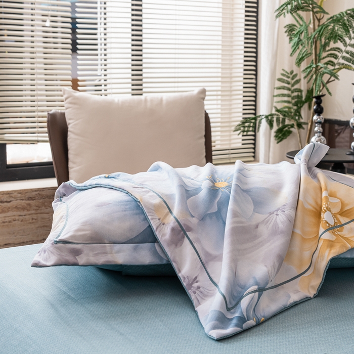 91家纺网 家纺一手货源 找家纺 巧格家纺 2025爆款超柔云朵棉双层纱四件套不起球不掉色床裙款 梦华录-蓝