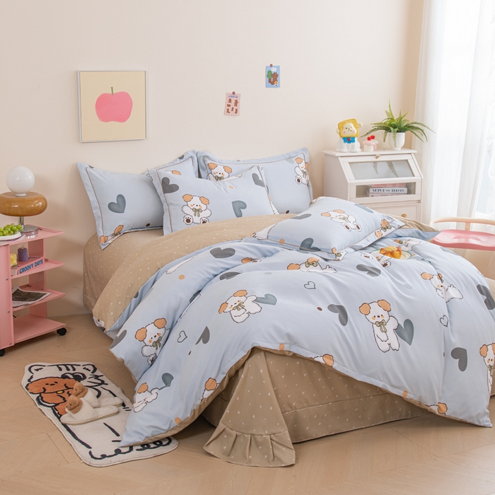 巧格家纺 2025爆款超柔云朵棉双层纱四件套不起球不掉色床裙款 贝贝熊-蓝