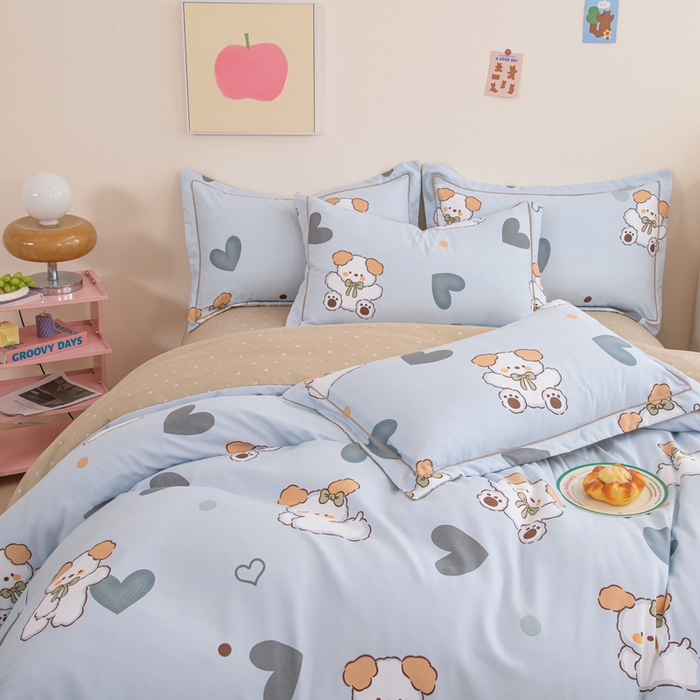 91家纺网 家纺一手货源 找家纺 巧格家纺 2025爆款超柔云朵棉双层纱四件套不起球不掉色床裙款 贝贝熊-蓝