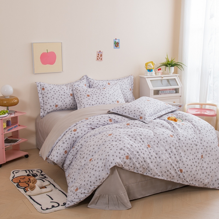 巧格家纺 2025爆款超柔云朵棉双层纱四件套不起球不掉色床裙款 豹纹小熊-灰