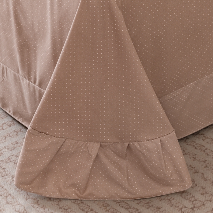 91家纺网 家纺一手货源 找家纺 巧格家纺 2025爆款超柔云朵棉双层纱四件套不起球不掉色床裙款 点点甜心-咖