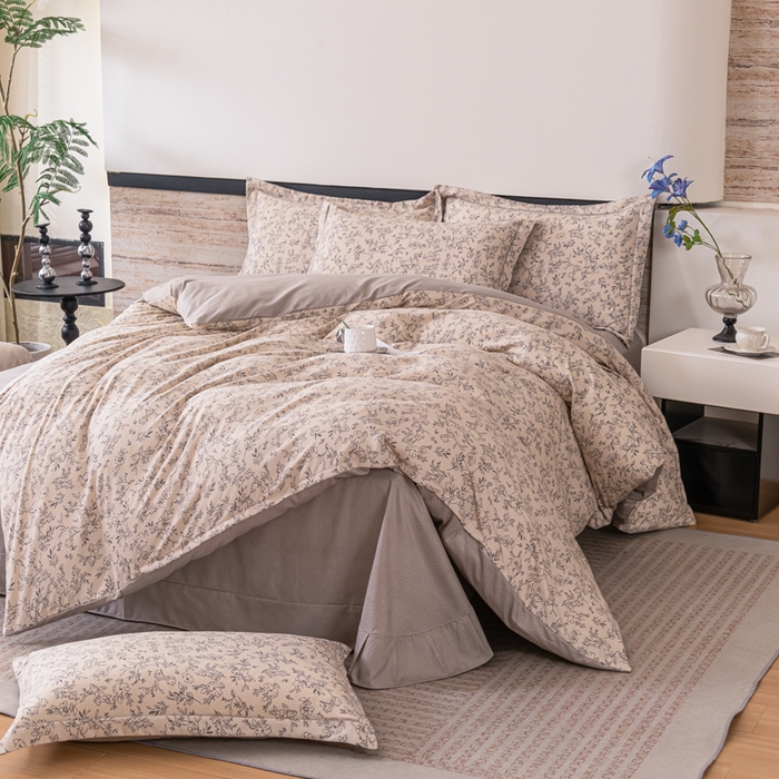 巧格家纺 2025爆款超柔云朵棉双层纱四件套不起球不掉色床裙款 浮光叶影-咖