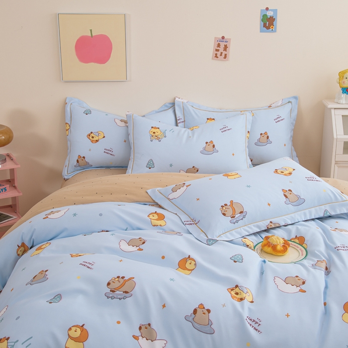 91家纺网 家纺一手货源 找家纺 巧格家纺 2025爆款超柔云朵棉双层纱四件套不起球不掉色床裙款 卡皮巴拉-蓝