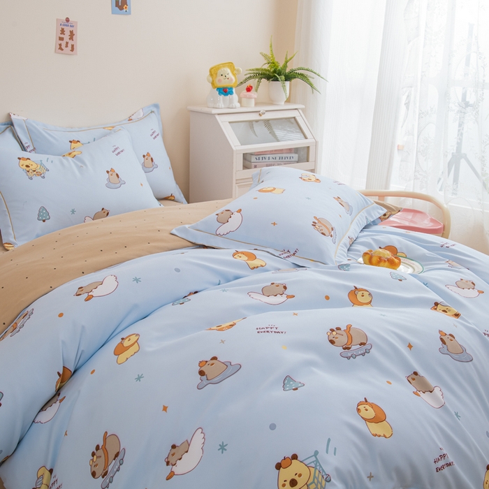 91家纺网 家纺一手货源 找家纺 巧格家纺 2025爆款超柔云朵棉双层纱四件套不起球不掉色床裙款 卡皮巴拉-蓝