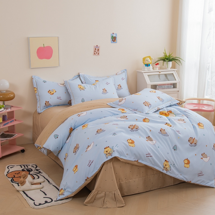 巧格家纺 2025爆款超柔云朵棉双层纱四件套不起球不掉色床裙款 卡皮巴拉-蓝