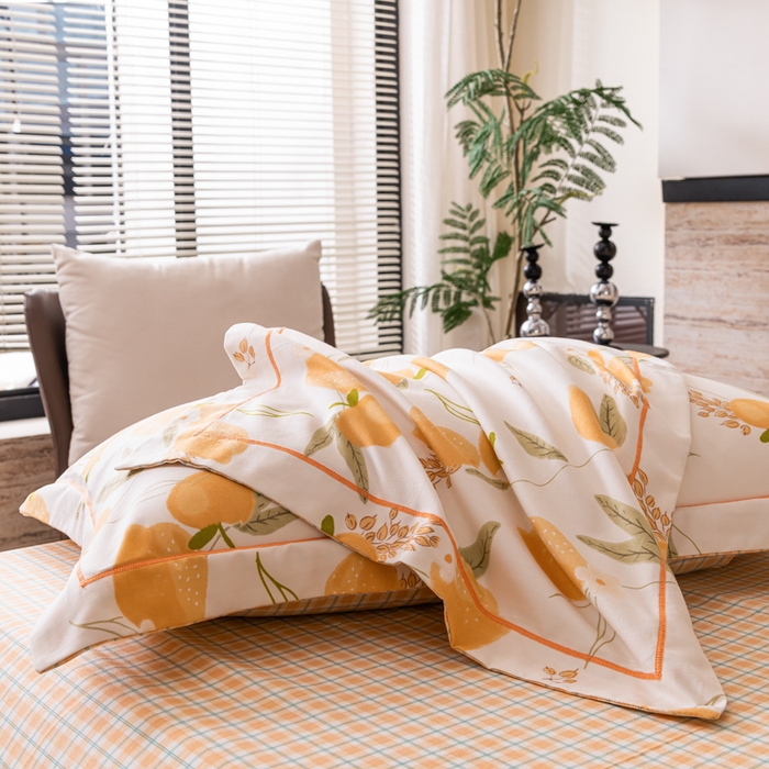 91家纺网 家纺一手货源 找家纺 巧格家纺 2025爆款超柔云朵棉双层纱四件套不起球不掉色床裙款 杨枝甘露-黄