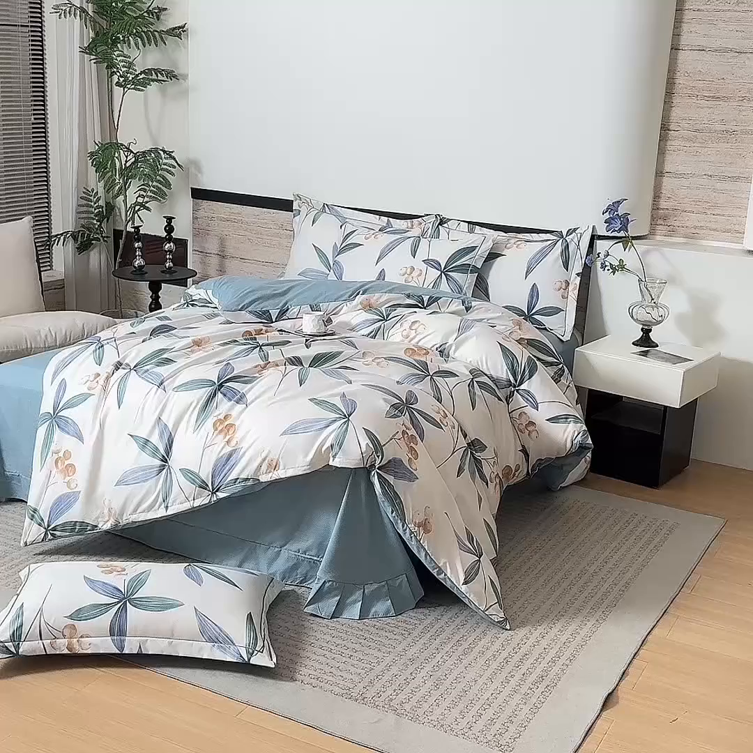 91家纺网 家纺一手货源 找家纺 巧格家纺 2025爆款超柔云朵棉双层纱四件套不起球不掉色床裙款 绿光森林