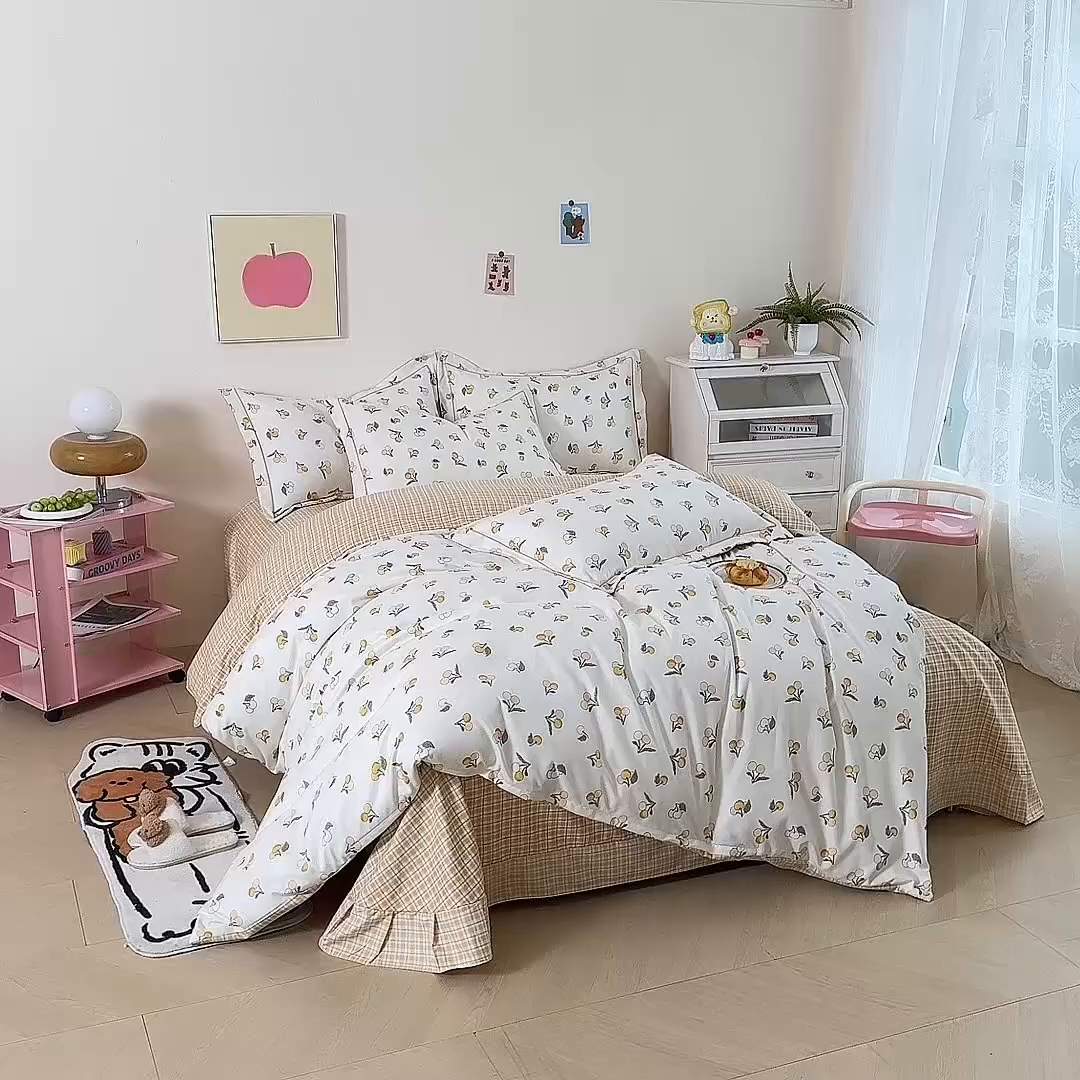 91家纺网 家纺一手货源 找家纺 巧格家纺 2025爆款超柔云朵棉双层纱四件套不起球不掉色床裙款 森森果绿-桔