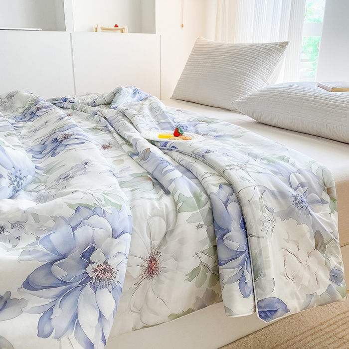 91家纺网 家纺一手货源 找家纺 七里香 2025新款防锦安带氨纶5D凉感丝夏被 繁花