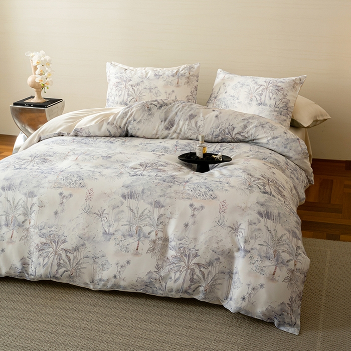 91家纺网 家纺一手货源 找家纺 禾时 2025新款60S兰精天丝数码印花暗合简约款四件套 丛林幻想-灰紫