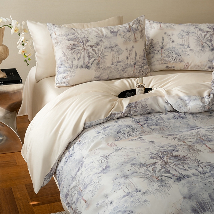 91家纺网 家纺一手货源 找家纺 禾时 2025新款60S兰精天丝数码印花暗合简约款四件套 丛林幻想-灰紫