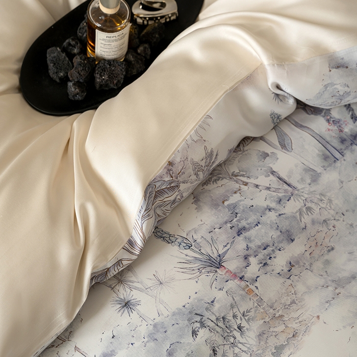 91家纺网 家纺一手货源 找家纺 禾时 2025新款60S兰精天丝数码印花暗合简约款四件套 丛林幻想-灰紫