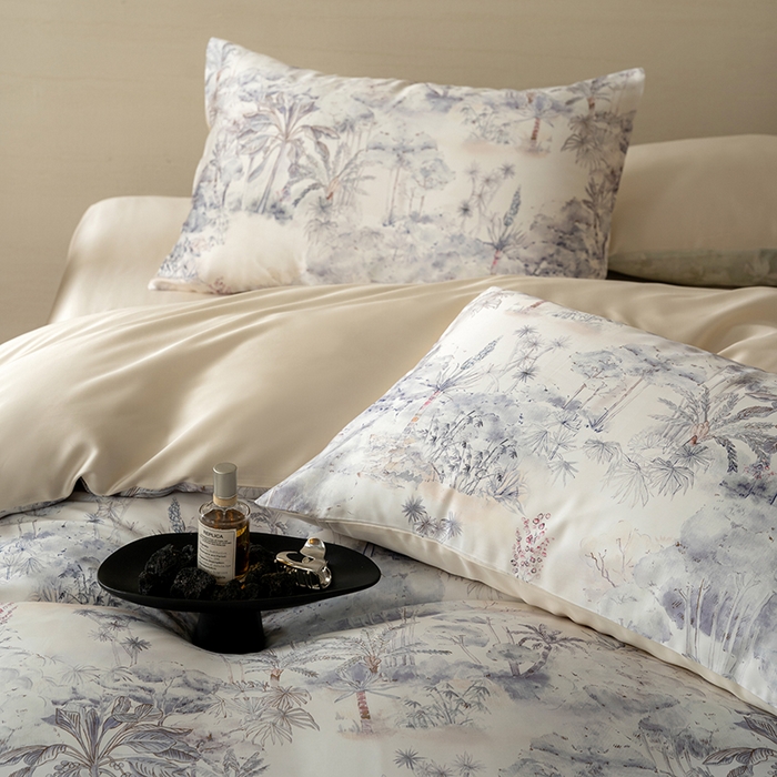 91家纺网 家纺一手货源 找家纺 禾时 2025新款60S兰精天丝数码印花暗合简约款四件套 丛林幻想-灰紫