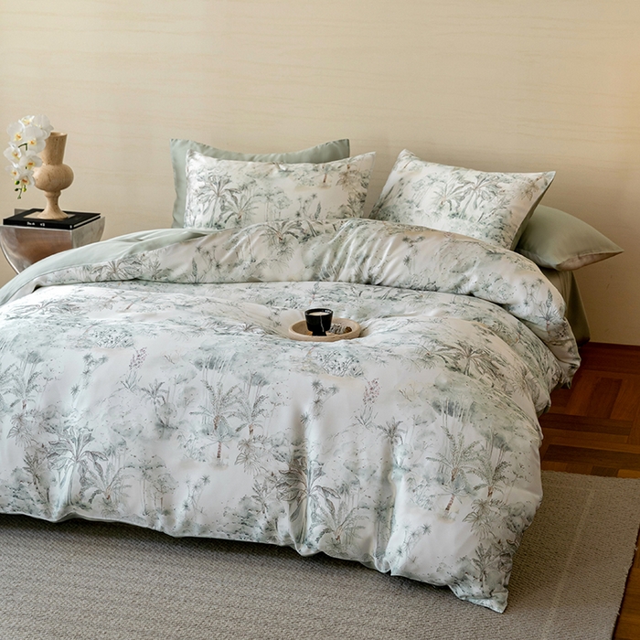 91家纺网 家纺一手货源 找家纺 禾时 2025新款60S兰精天丝数码印花暗合简约款四件套 丛林幻想-绿