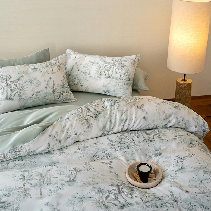 91家纺网 家纺一手货源 找家纺 禾时 2025新款60S兰精天丝数码印花暗合简约款四件套 丛林幻想-绿