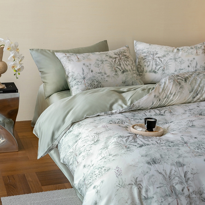 91家纺网 家纺一手货源 找家纺 禾时 2025新款60S兰精天丝数码印花暗合简约款四件套 丛林幻想-绿