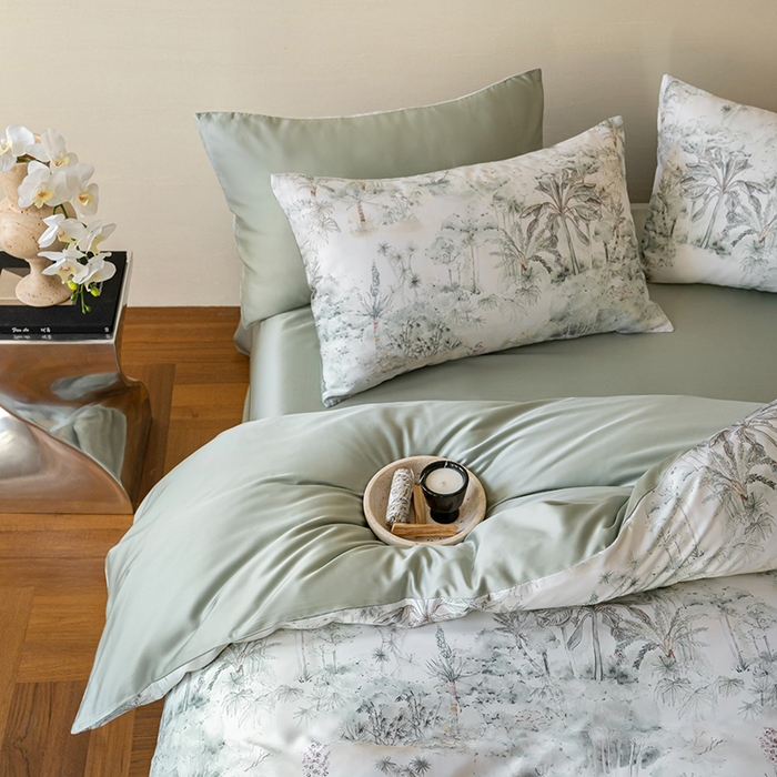 91家纺网 家纺一手货源 找家纺 禾时 2025新款60S兰精天丝数码印花暗合简约款四件套 丛林幻想-绿