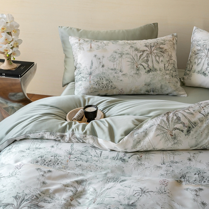 91家纺网 家纺一手货源 找家纺 禾时 2025新款60S兰精天丝数码印花暗合简约款四件套 丛林幻想-绿