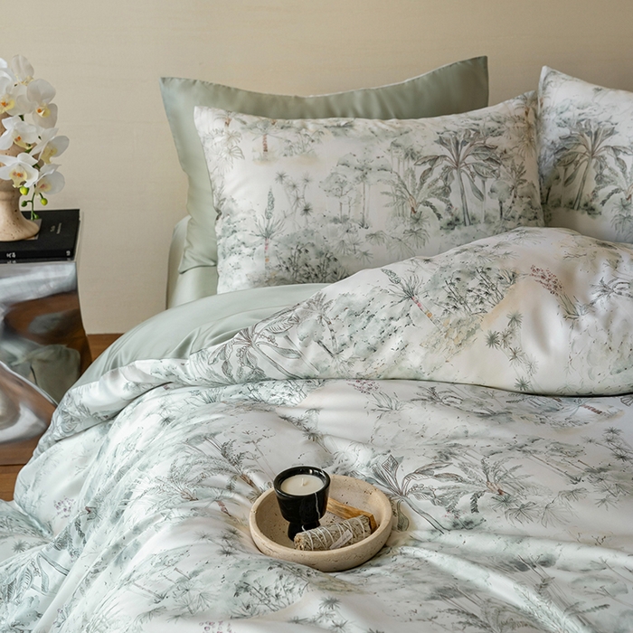 91家纺网 家纺一手货源 找家纺 禾时 2025新款60S兰精天丝数码印花暗合简约款四件套 丛林幻想-绿