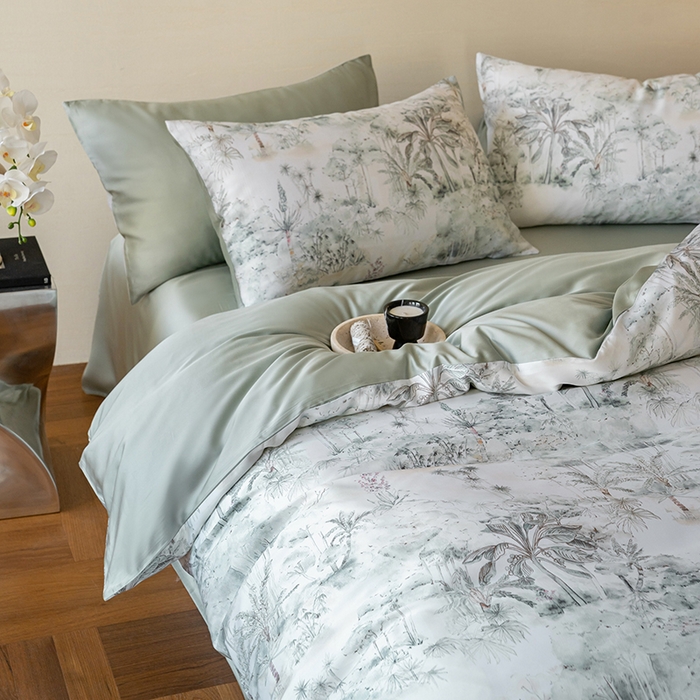 91家纺网 家纺一手货源 找家纺 禾时 2025新款60S兰精天丝数码印花暗合简约款四件套 丛林幻想-绿