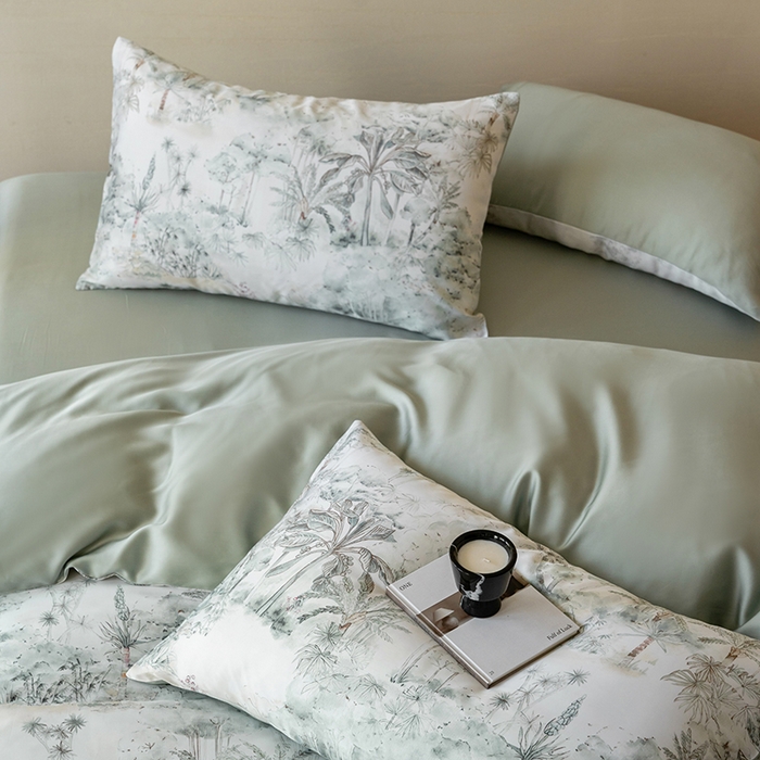 91家纺网 家纺一手货源 找家纺 禾时 2025新款60S兰精天丝数码印花暗合简约款四件套 丛林幻想-绿