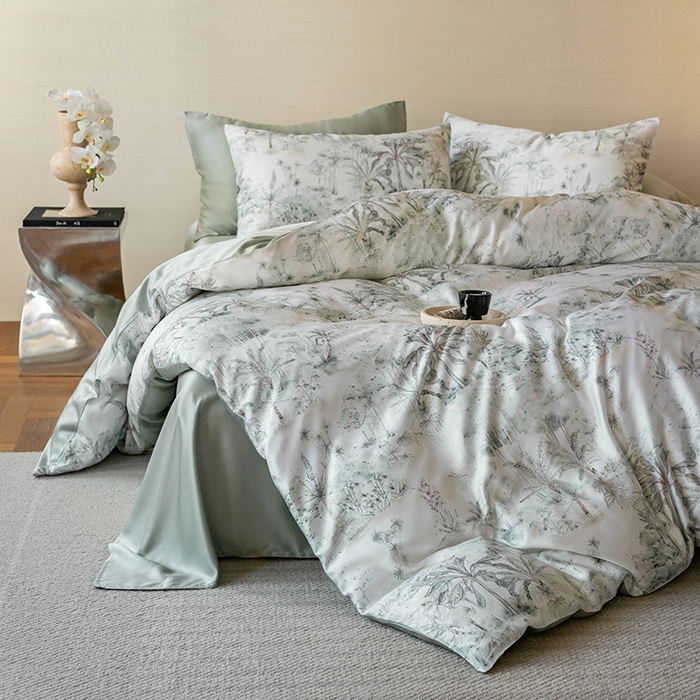 91家纺网 家纺一手货源 找家纺 禾时 2025新款60S兰精天丝数码印花暗合简约款四件套 丛林幻想-绿