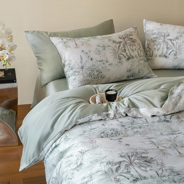 91家纺网 家纺一手货源 找家纺 禾时 2025新款60S兰精天丝数码印花暗合简约款四件套 丛林幻想-绿