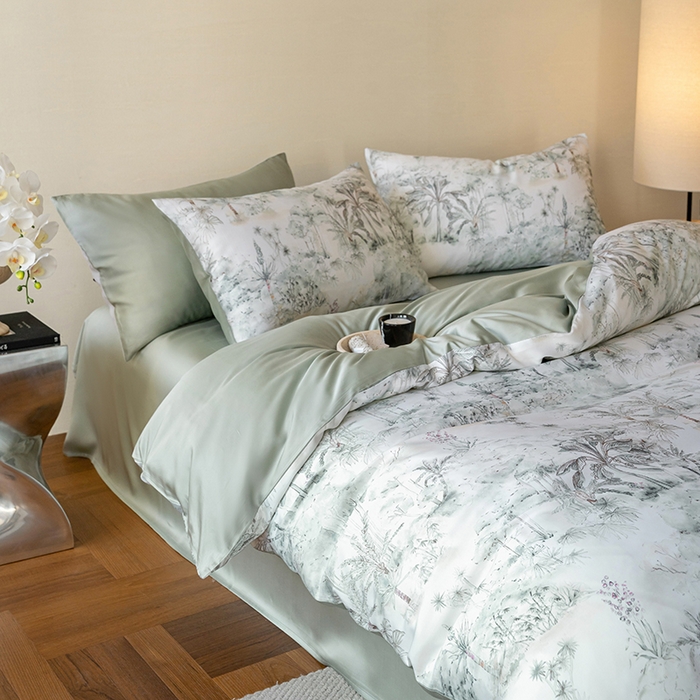 91家纺网 家纺一手货源 找家纺 禾时 2025新款60S兰精天丝数码印花暗合简约款四件套 丛林幻想-绿