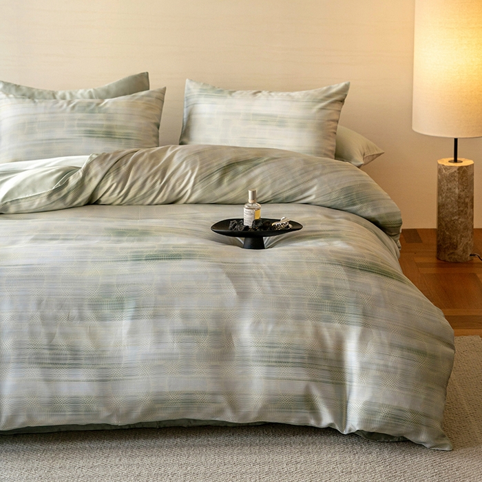 91家纺网 家纺一手货源 找家纺 禾时 2025新款60S兰精天丝数码印花暗合简约款四件套 卡西纳-绿