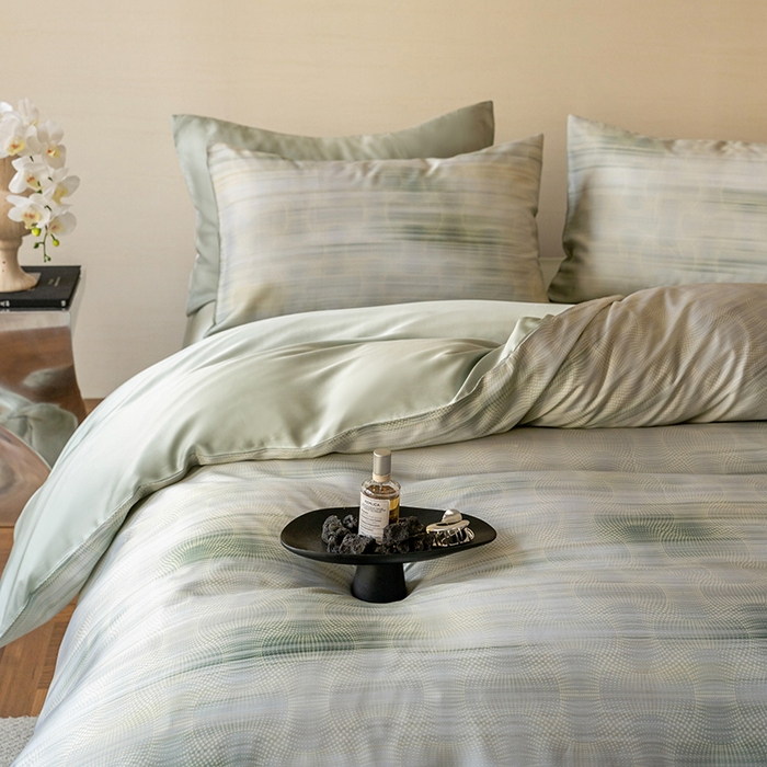 91家纺网 家纺一手货源 找家纺 禾时 2025新款60S兰精天丝数码印花暗合简约款四件套 卡西纳-绿