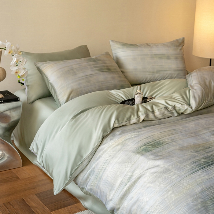 91家纺网 家纺一手货源 找家纺 禾时 2025新款60S兰精天丝数码印花暗合简约款四件套 卡西纳-绿