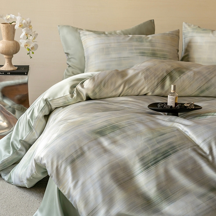 91家纺网 家纺一手货源 找家纺 禾时 2025新款60S兰精天丝数码印花暗合简约款四件套 卡西纳-绿