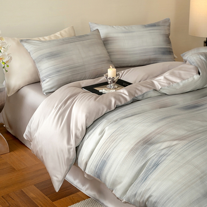 91家纺网 家纺一手货源 找家纺 禾时 2025新款60S兰精天丝数码印花暗合简约款四件套 卡西纳-紫