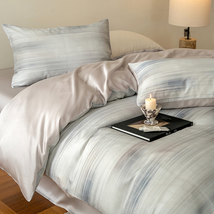 91家纺网 家纺一手货源 找家纺 禾时 2025新款60S兰精天丝数码印花暗合简约款四件套 卡西纳-紫