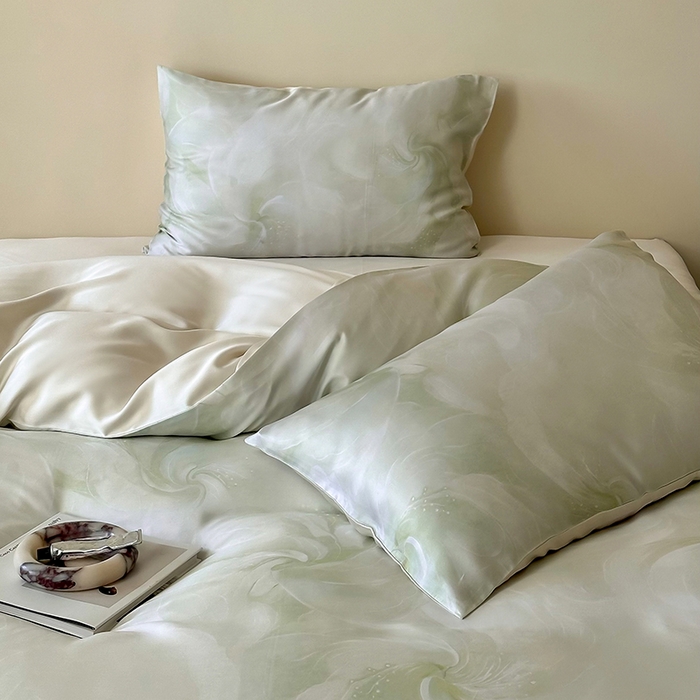 91家纺网 家纺一手货源 找家纺 禾时 2025新款60S兰精天丝数码印花暗合简约款四件套 莫斯-绿