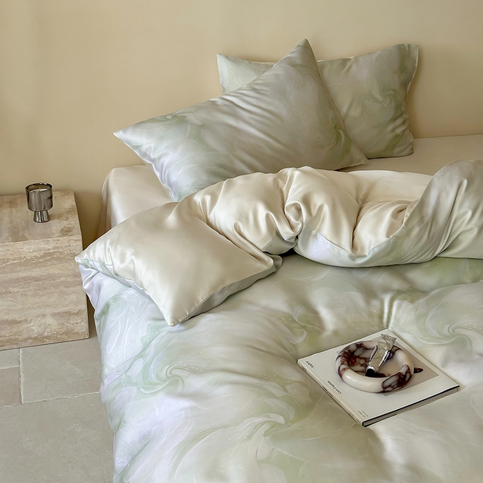 91家纺网 家纺一手货源 找家纺 禾时 2025新款60S兰精天丝数码印花暗合简约款四件套 莫斯-绿