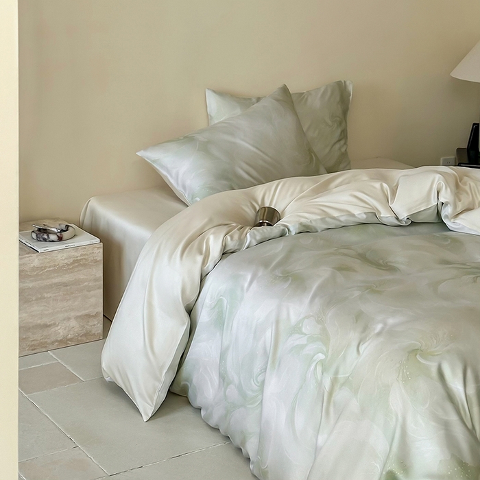 91家纺网 家纺一手货源 找家纺 禾时 2025新款60S兰精天丝数码印花暗合简约款四件套 莫斯-绿