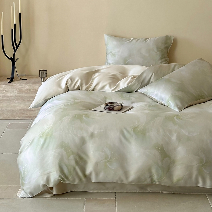 91家纺网 家纺一手货源 找家纺 禾时 2025新款60S兰精天丝数码印花暗合简约款四件套 莫斯-绿