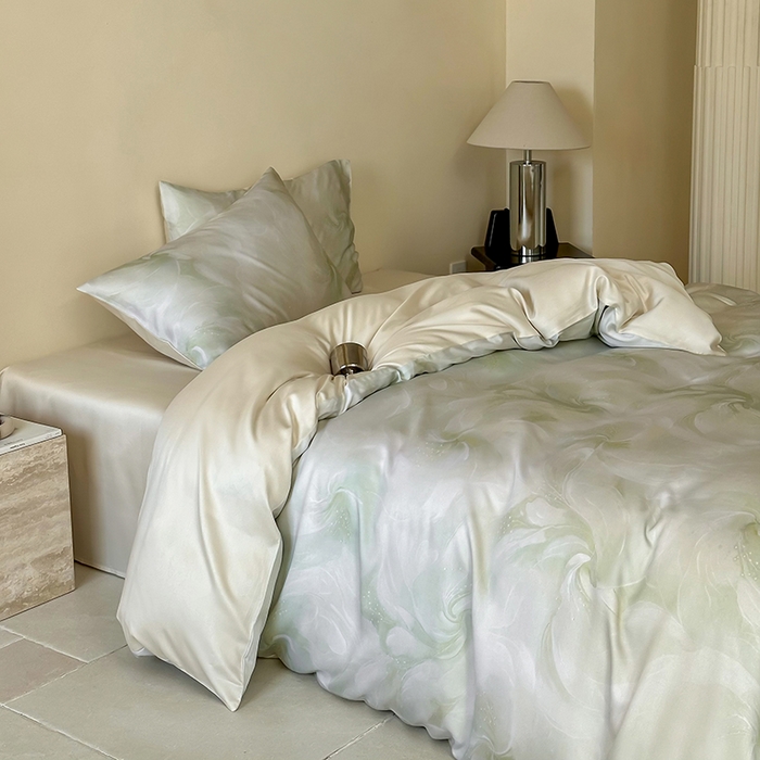 91家纺网 家纺一手货源 找家纺 禾时 2025新款60S兰精天丝数码印花暗合简约款四件套 莫斯-绿